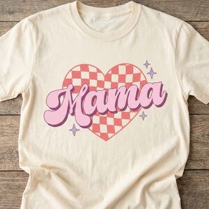 Gildan Cream Tee with Pink Checkered Heart and Mama Design